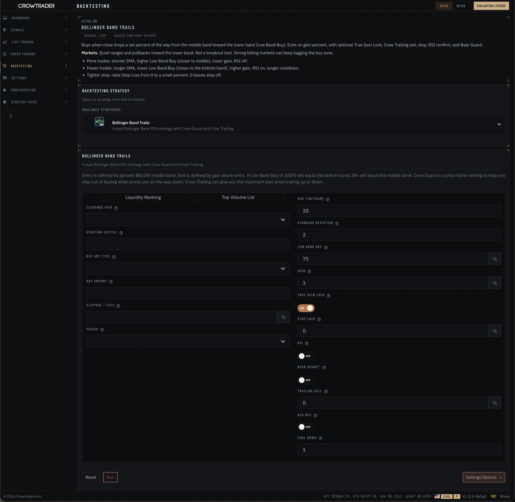 Strategy configuration screen in Crow Trader